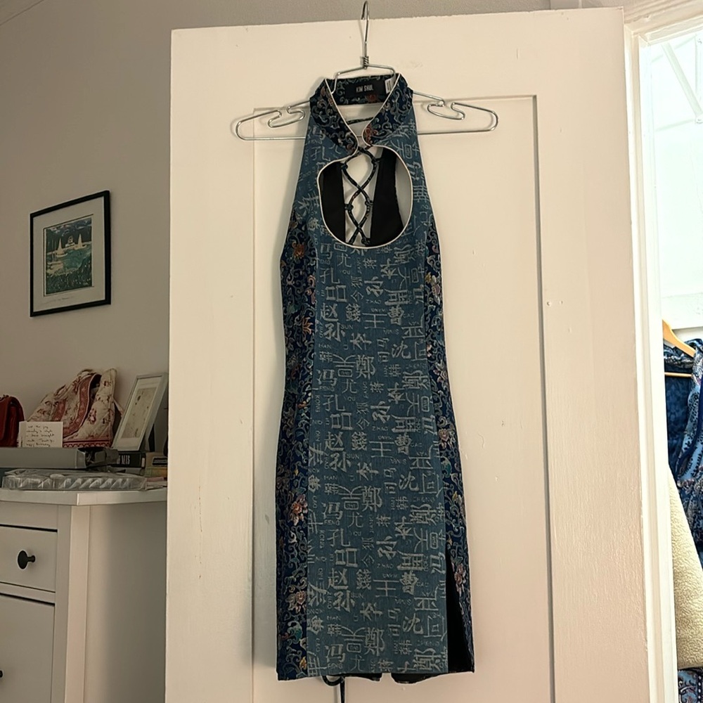 Kim Shui denim brocade lace up back neck closure dress size M